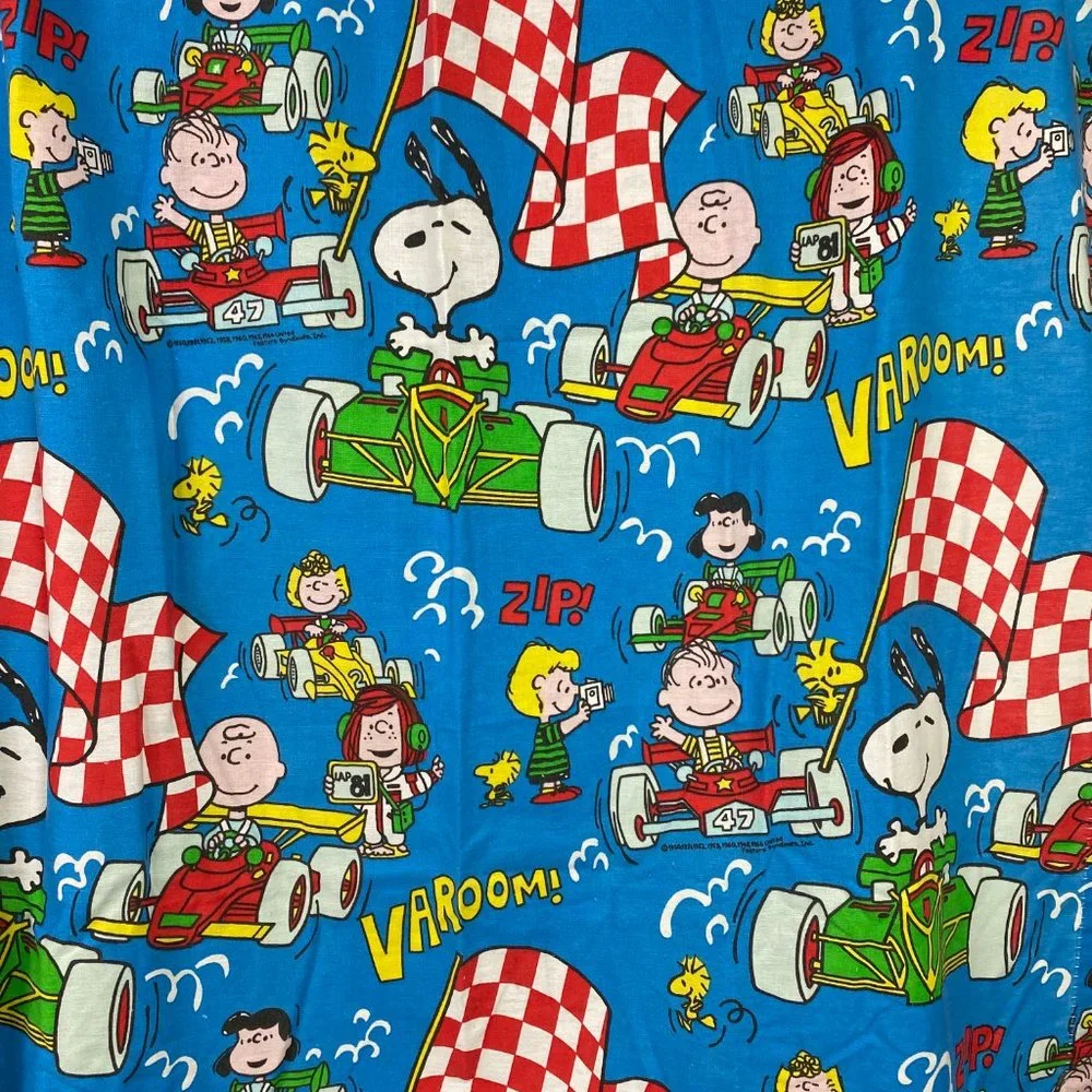 Vintage 60s Peanuts Race Curtains - 2 Panels - United Feature Syndicate